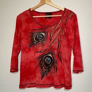 Women’s Boho Y2K Vintage Peacock Red Orange Top Size Small